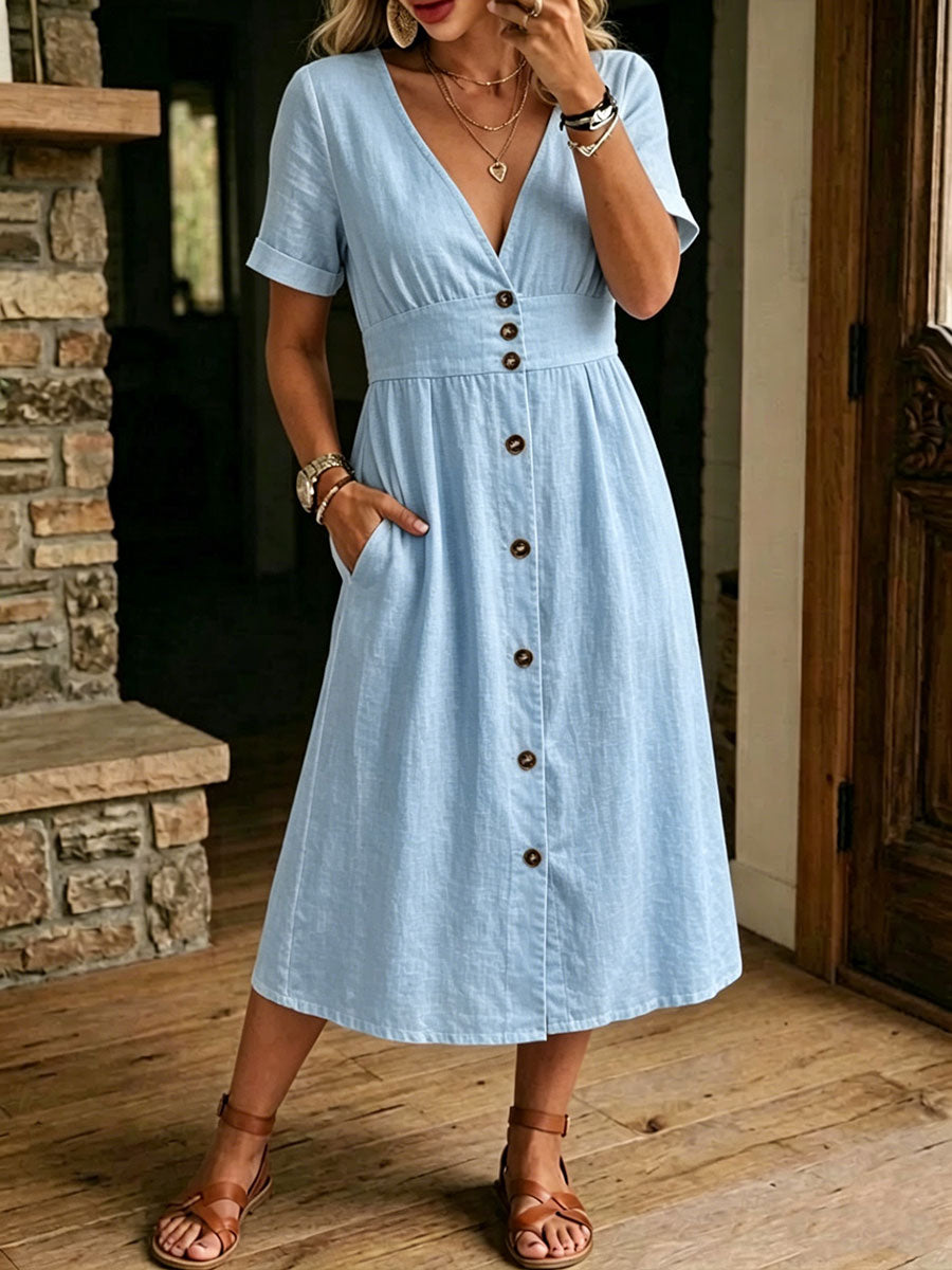 Women's Casual Loose-fitting Linen And Cotton Short Sleeve Dress
