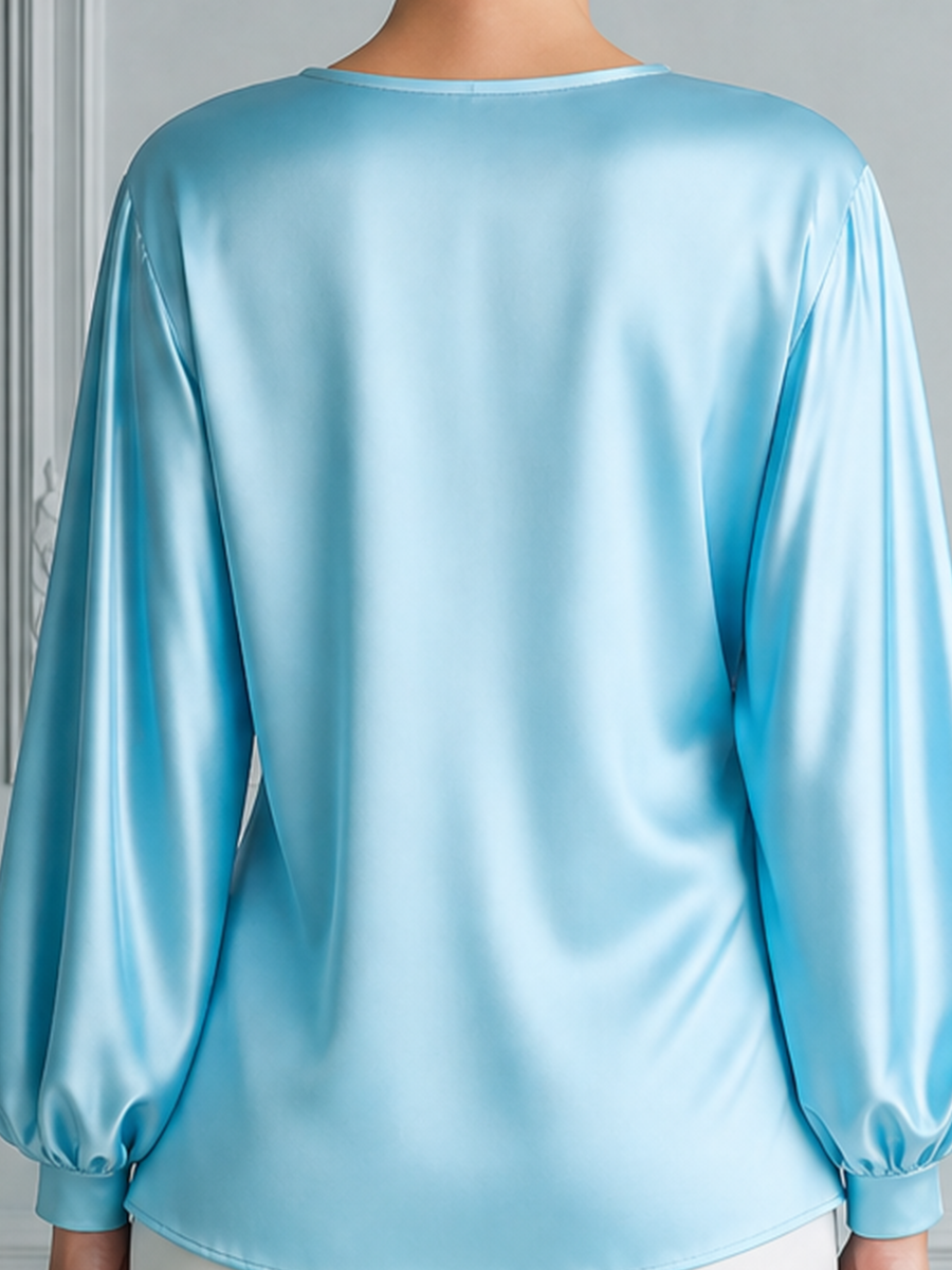 Sky Blue Satin Draped Tie Waist Blouse