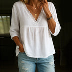 Women's Vintage Lace Cotton And Linen V-neck T-shirt