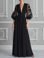 Black Embroidered Mesh Dress Fall Wedding Guest Dress Sheer Sleeve Maxi Dress