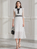 Polka Dot Bow Tie Neck Ruffle Sleeve Chiffon Midi Dress