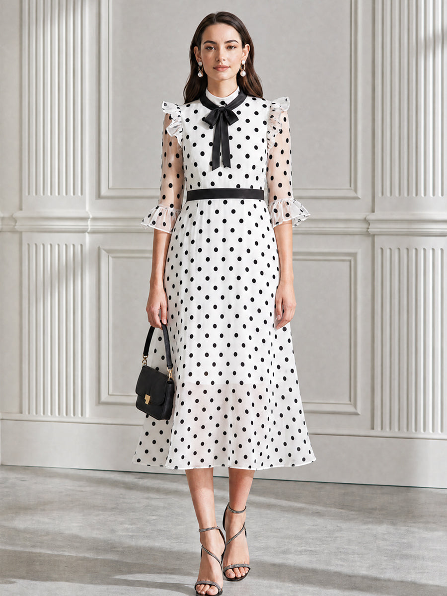 Polka Dot Bow Tie Neck Ruffle Sleeve Chiffon Midi Dress