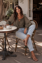 Chic Textured Cotton Split-Neck Lantern-Sleeve Olive Green Blouse