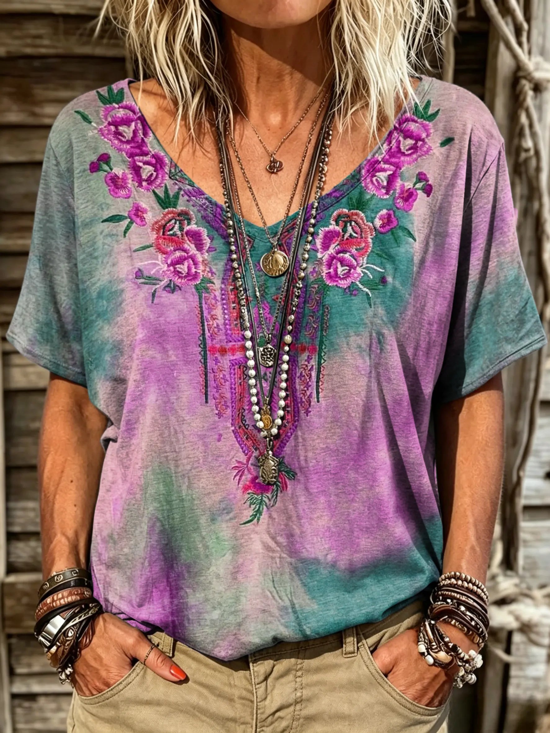 Women's Tie Dye Gradient Rose Floral V-Neck Short Sleeve Blouse