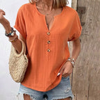Women's Solid Color Button Linen V-neck T-shirt