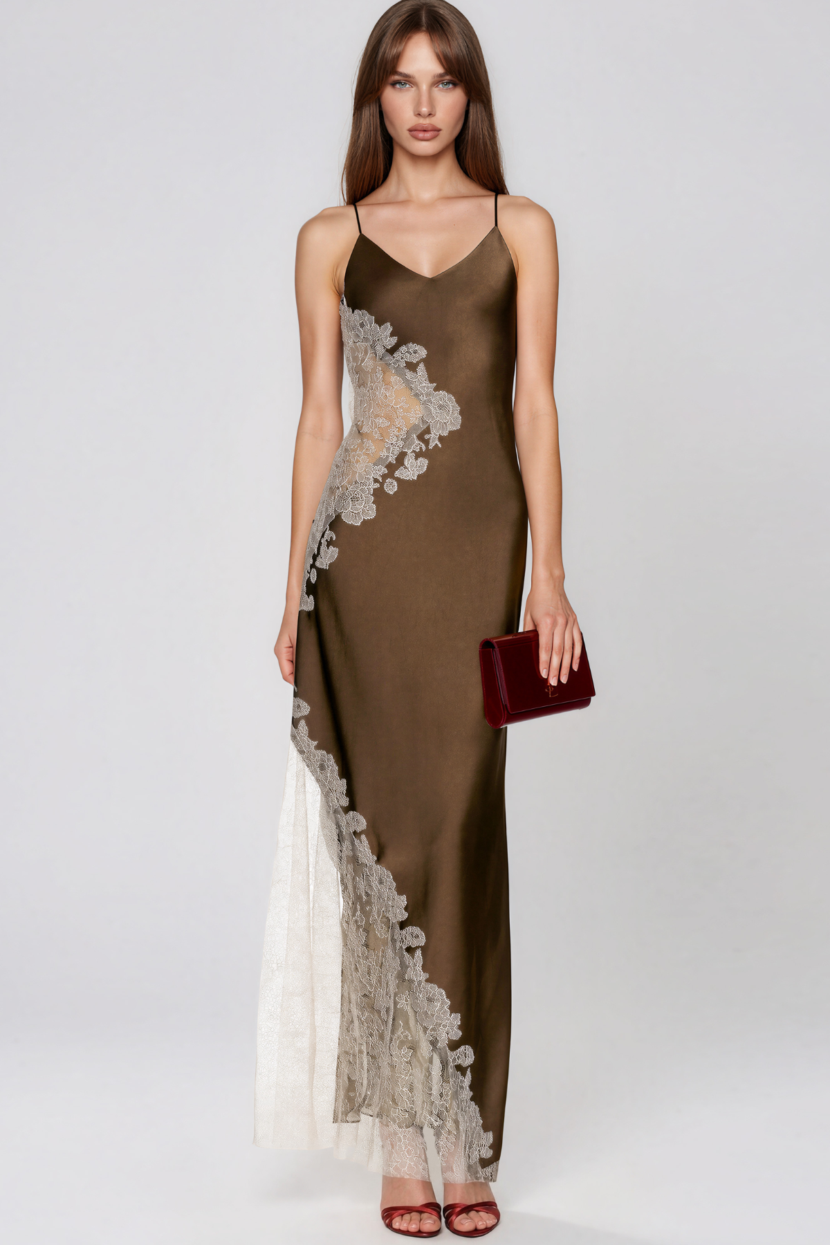 Kamika Spaghetti Lace Satin Maxi Dress