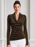 Leopard Print Velvet Cowl Neck Ruched Long Sleeve Top