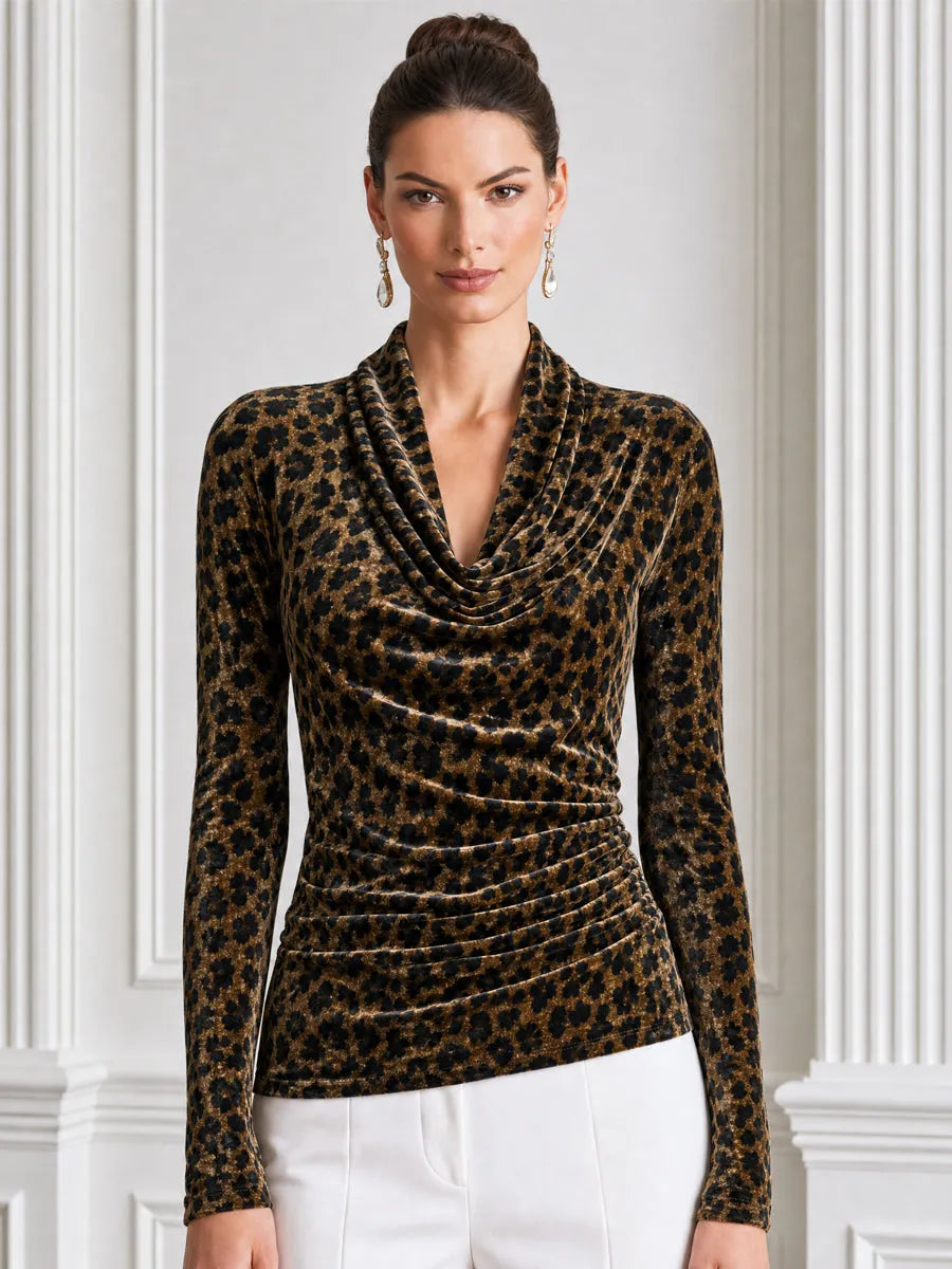 Leopard Print Velvet Cowl Neck Ruched Long Sleeve Top