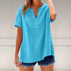 Solid Color Linen Blended V-neck Loose Blouse
