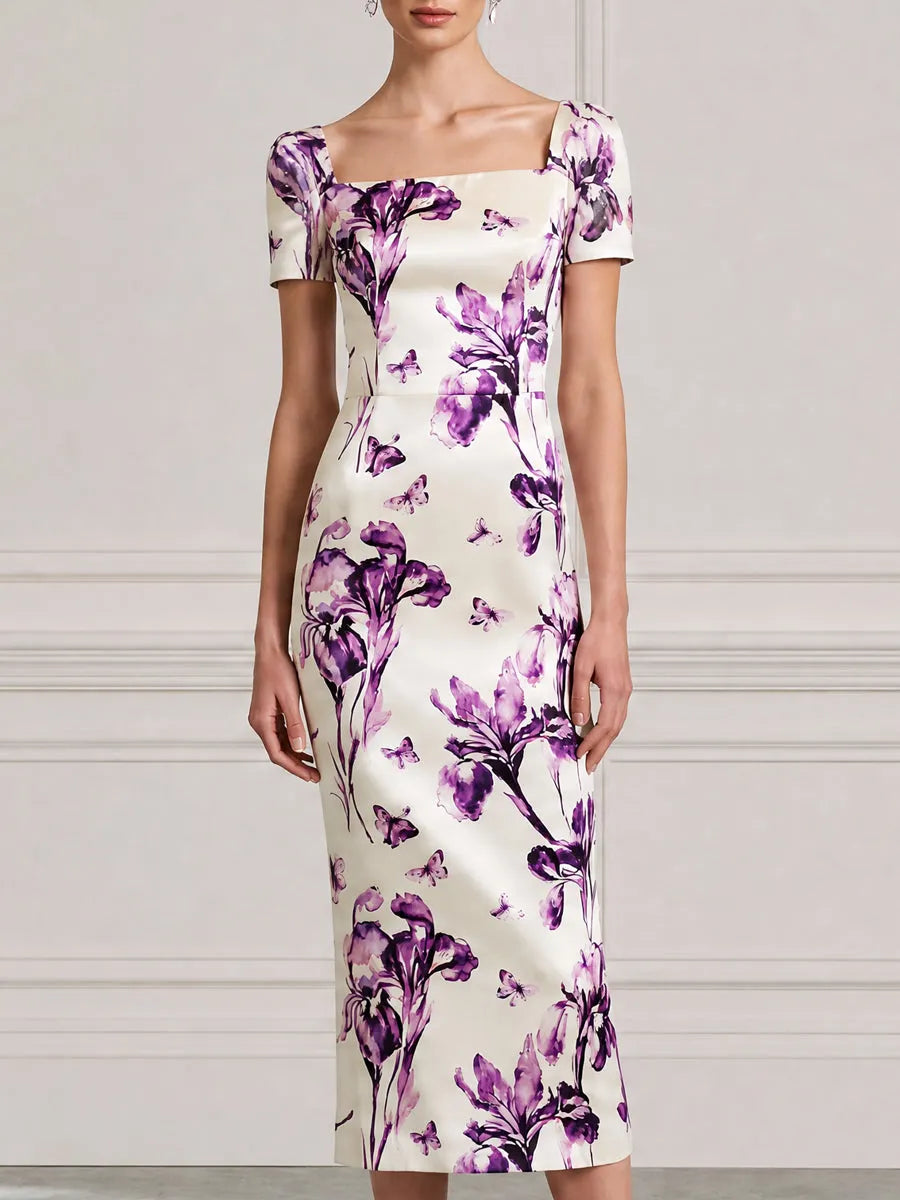 Ivory Purple Floral Print Square-Neck Bodycon Midi Dress