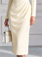 3D Rose Floral Asymmetrical Neck Ruched Midi Sheath Dress