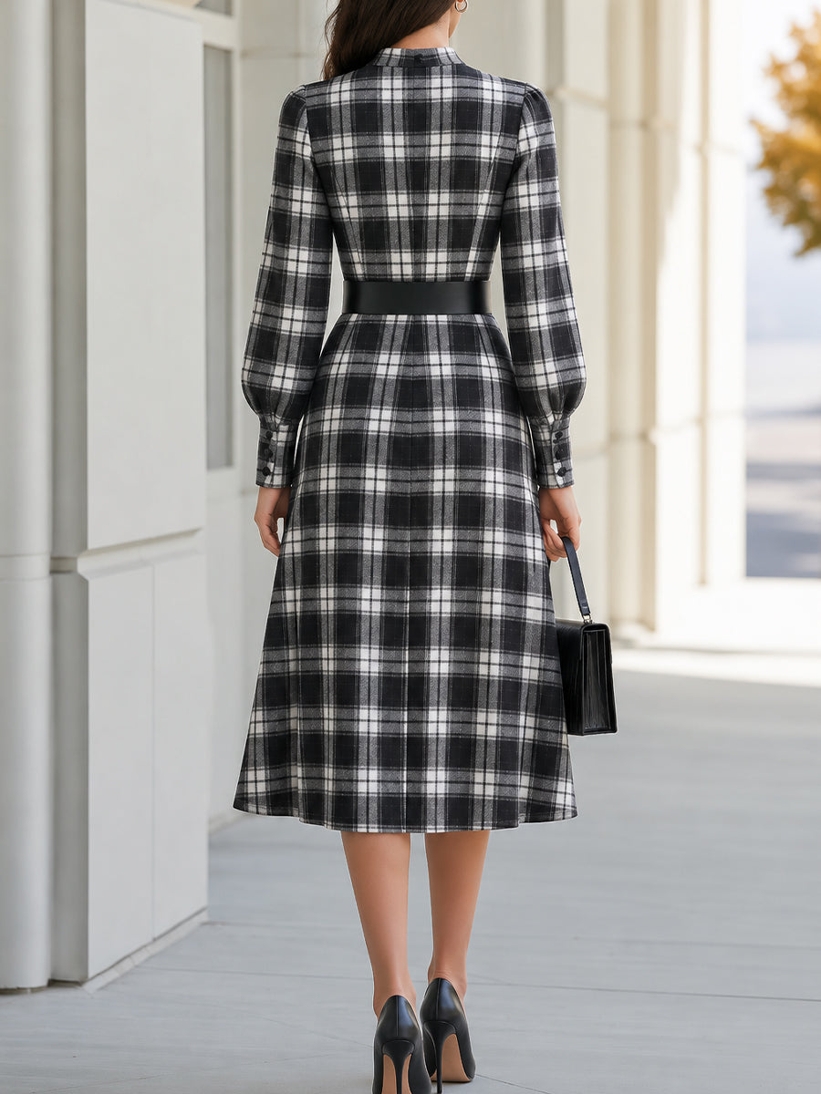 Vintage Black White Plaid Stand Collar Belted Midi Shirt Dress