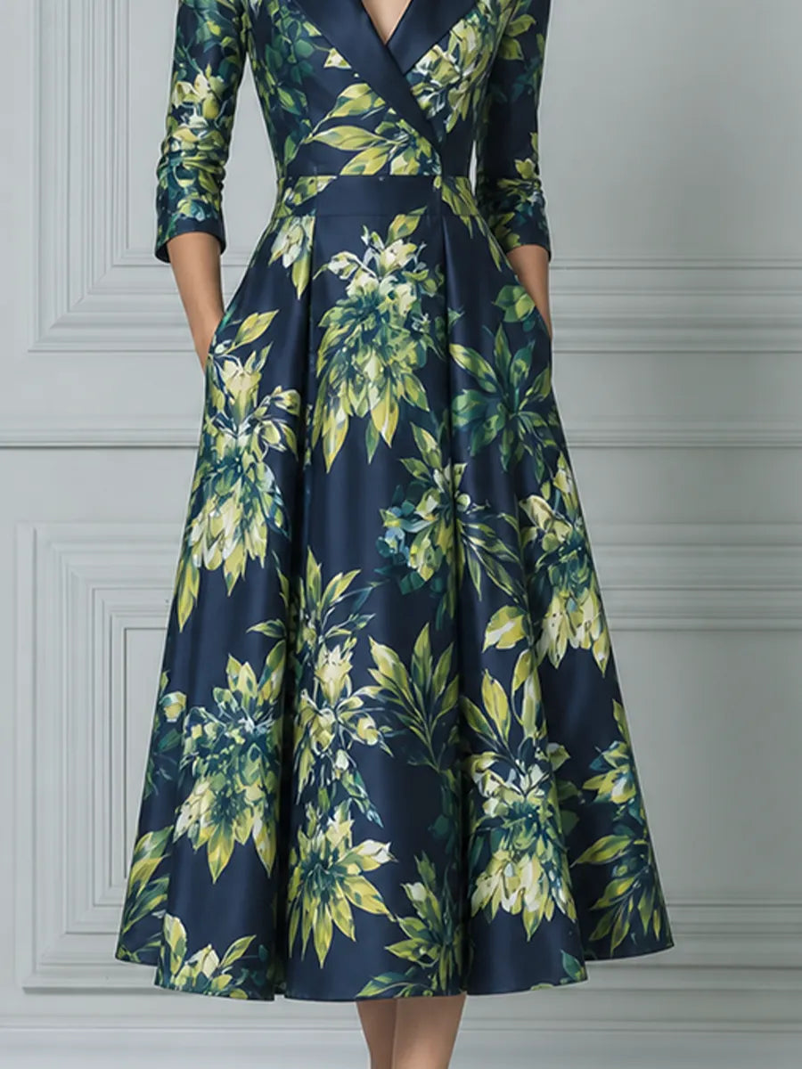 Navy Green Watercolor Floral Print Satin Lapel Fit And Flare Midi Dress