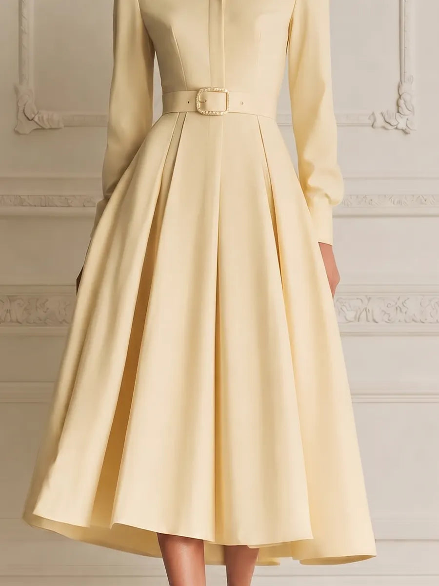 Pale Yellow Pointed Collar Long Sleeve Crystal Belted Pleated A-Line Shirt Midi Dress