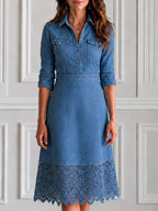 Elegant Waist Fitting Lace Hem Cutwork Denim Shirt Dress