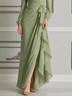Green Dress Fall Wedding Guest Dress Wrap Ruffle Slit Maxi Dress