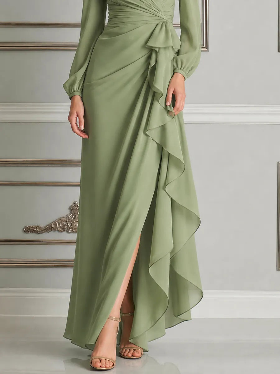 Green Dress Fall Wedding Guest Dress Wrap Ruffle Slit Maxi Dress