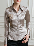 Floral Print Pinstripe Satin Fitted Shirt