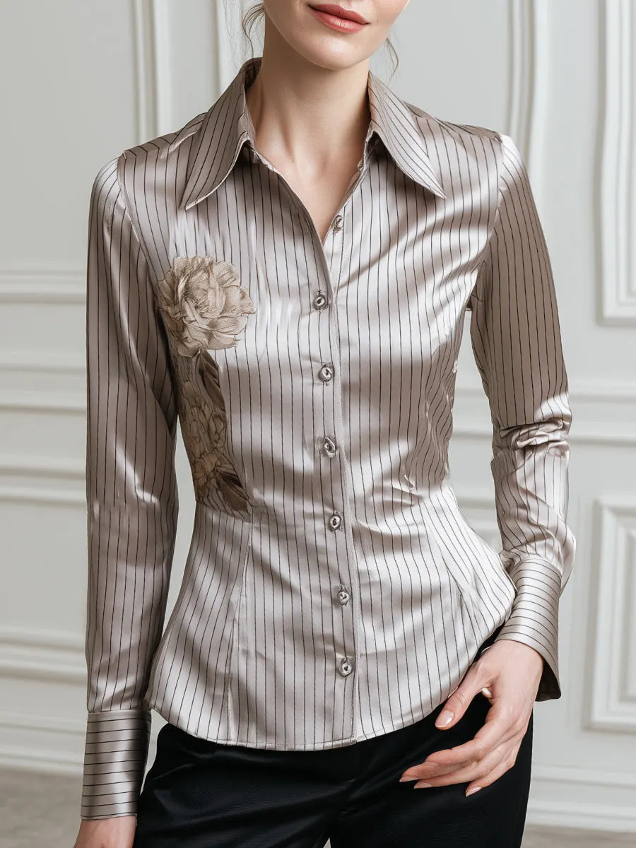 Floral Print Pinstripe Satin Fitted Shirt
