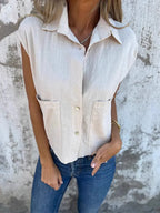 Casual Patch Pockets Linen Blend Shirt