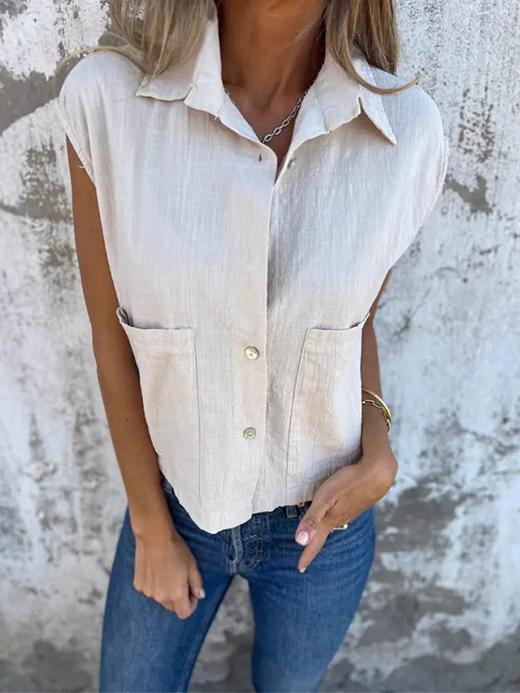 Casual Patch Pockets Linen Blend Shirt