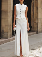 Sleeveless Mandarin Collar Buttoned Peplum Skirt Set