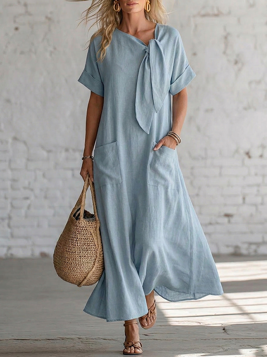 Women's Short-sleeve Bow And Pockets Dress