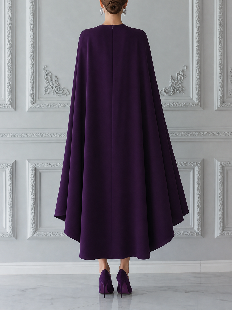 Purple Dress Fall Wedding Guest Dress Cape Sleeve Wrap Midi Dress