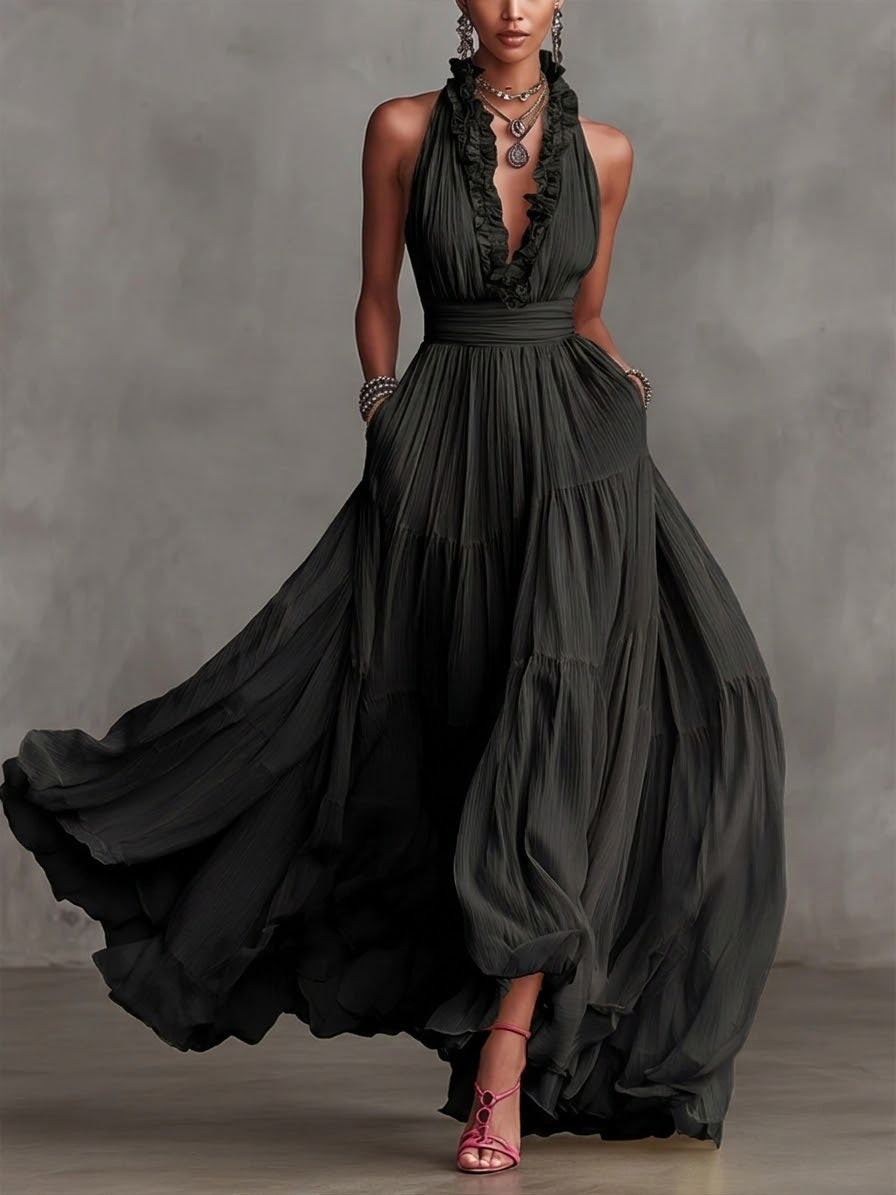 Stylish And Flowing Ruffled Collar Maxi Dress