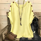 Women's Solid Color Round Neck Loose Button Design T-shirt