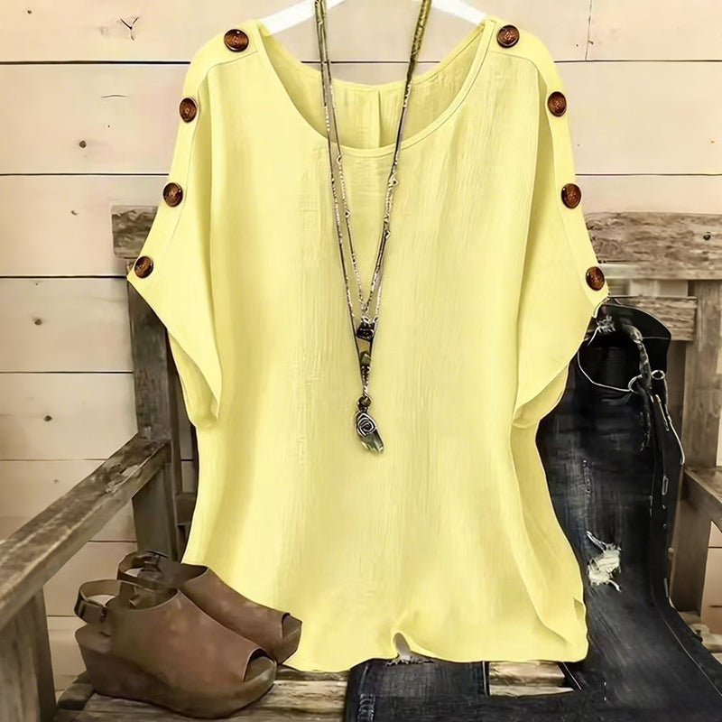 Women's Solid Color Round Neck Loose Button Design T-shirt