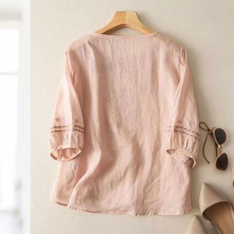 Women's Casual Floral Embroidered Linen Blend Blouse