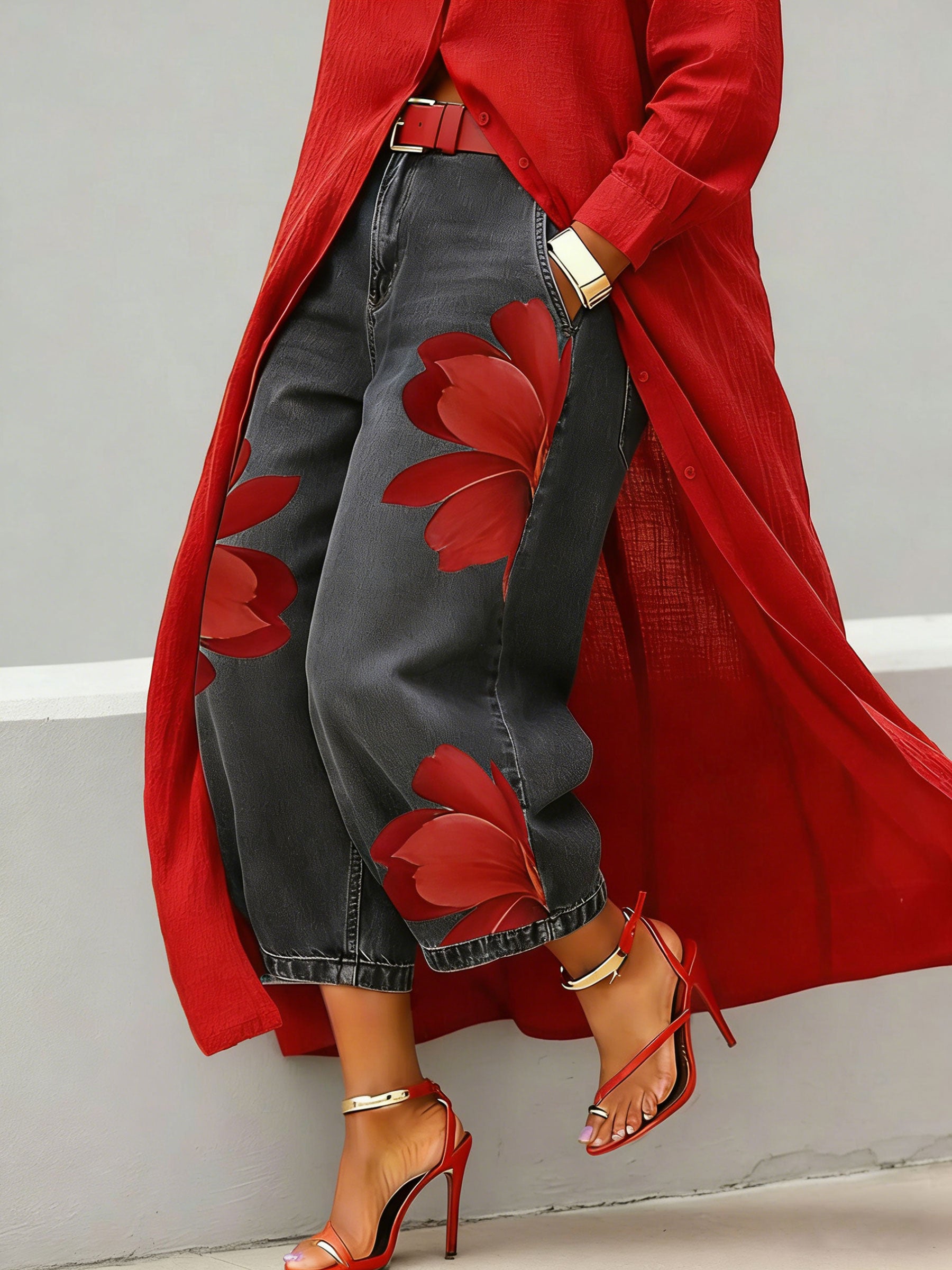 Women’s Stylish Flower Casual Wide Denim Pants