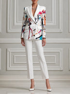 White Abstract Print Blazer & Slim Pants Set