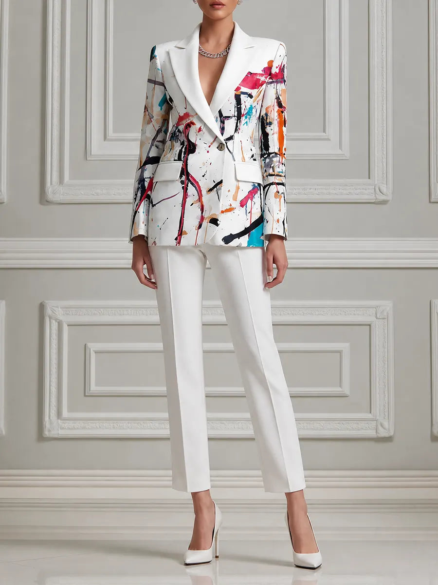 White Abstract Print Blazer & Slim Pants Set