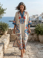Bohemian Floral Paisley Kaftan Midi Dress In Ivory Blue