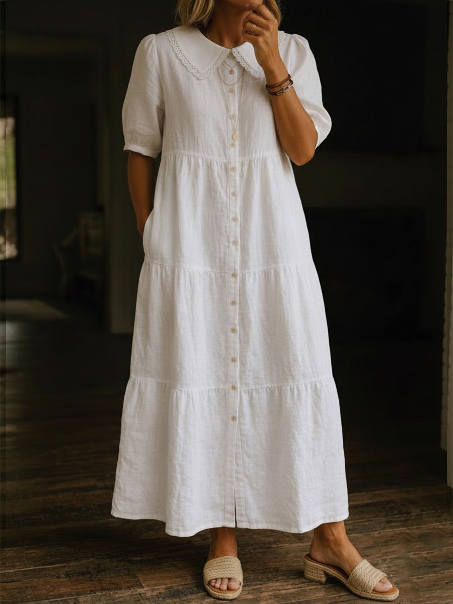 Women's Lace Peter Pan Collar Solid Color Casual Cotton Linen Long Dress
