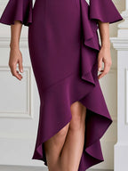 Bell Sleeve Asymmetrical Ruffle Formal Evening Gown