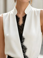 Sleeveless Lace Insert Wrap-Front Blouse
