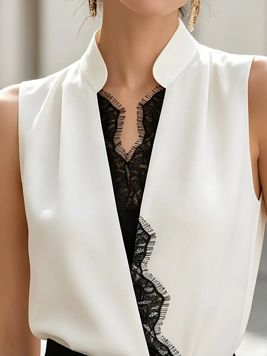Sleeveless Lace Insert Wrap-Front Blouse