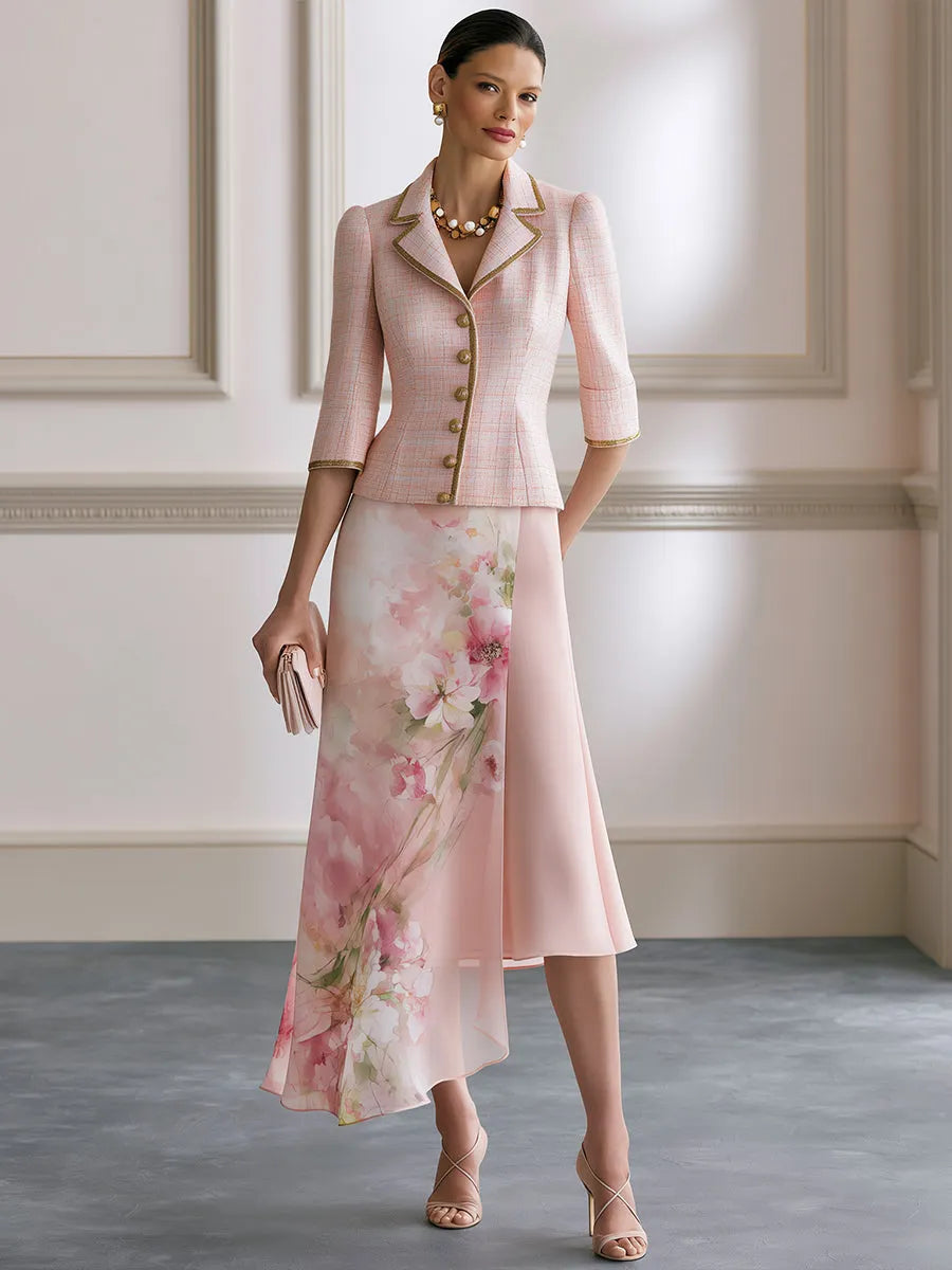 Tweed Peaked-Lapel Blazer & Floral Chiffon Midi Skirt Set