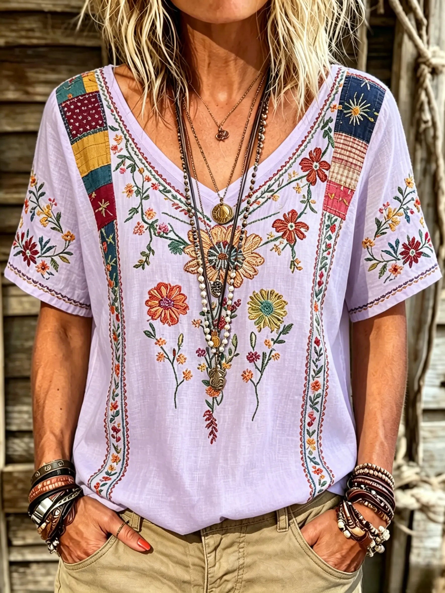 Women's Vintage Floral Print V-Neck Short Sleeve Casual Tee