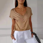 Casual Solid Color V-Neck Button-Down Short-Sleeved Top
