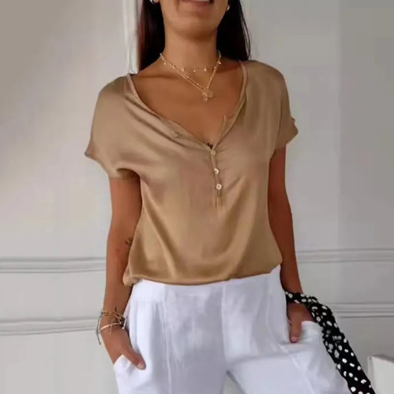 Casual Solid Color V-Neck Button-Down Short-Sleeved Top
