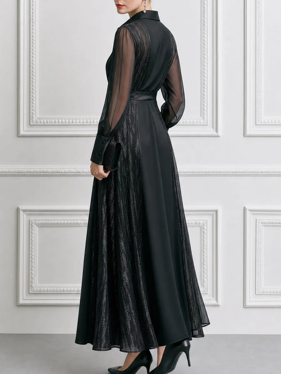 Sheer Sleeve Button-Front Shimmer Panel Collared Shirt Maxi Dress