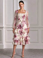 Floral Smocked Sheer Puff Sleeves & Ruffle Hem Midi Dress