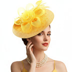 Mesh Floral Straw Feather Headdress Hat