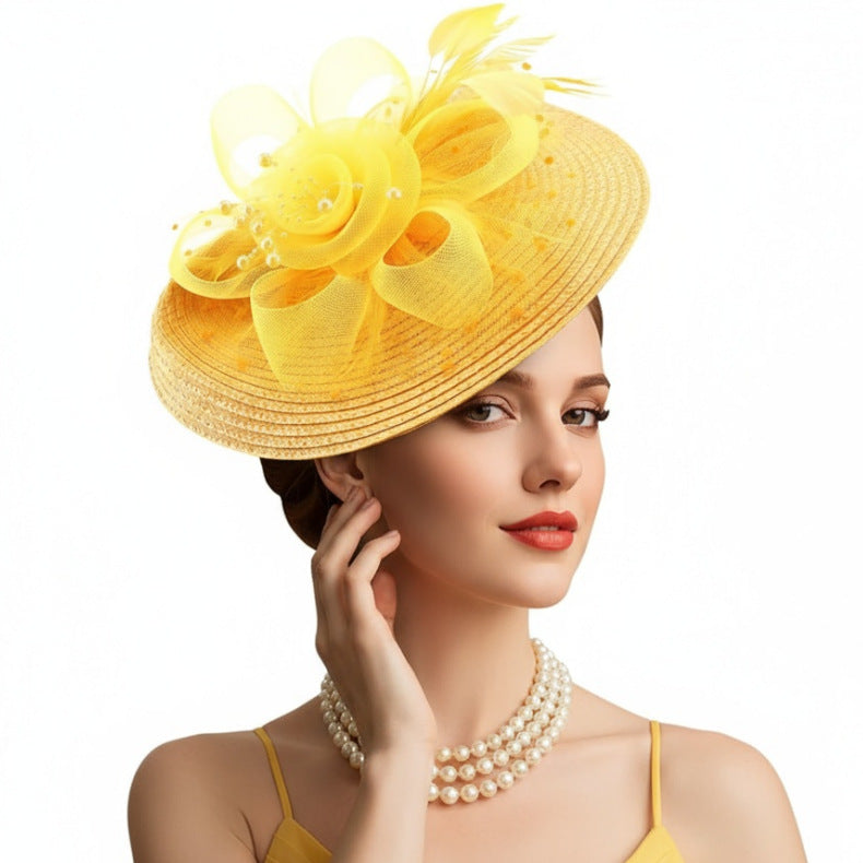 Mesh Floral Straw Feather Headdress Hat