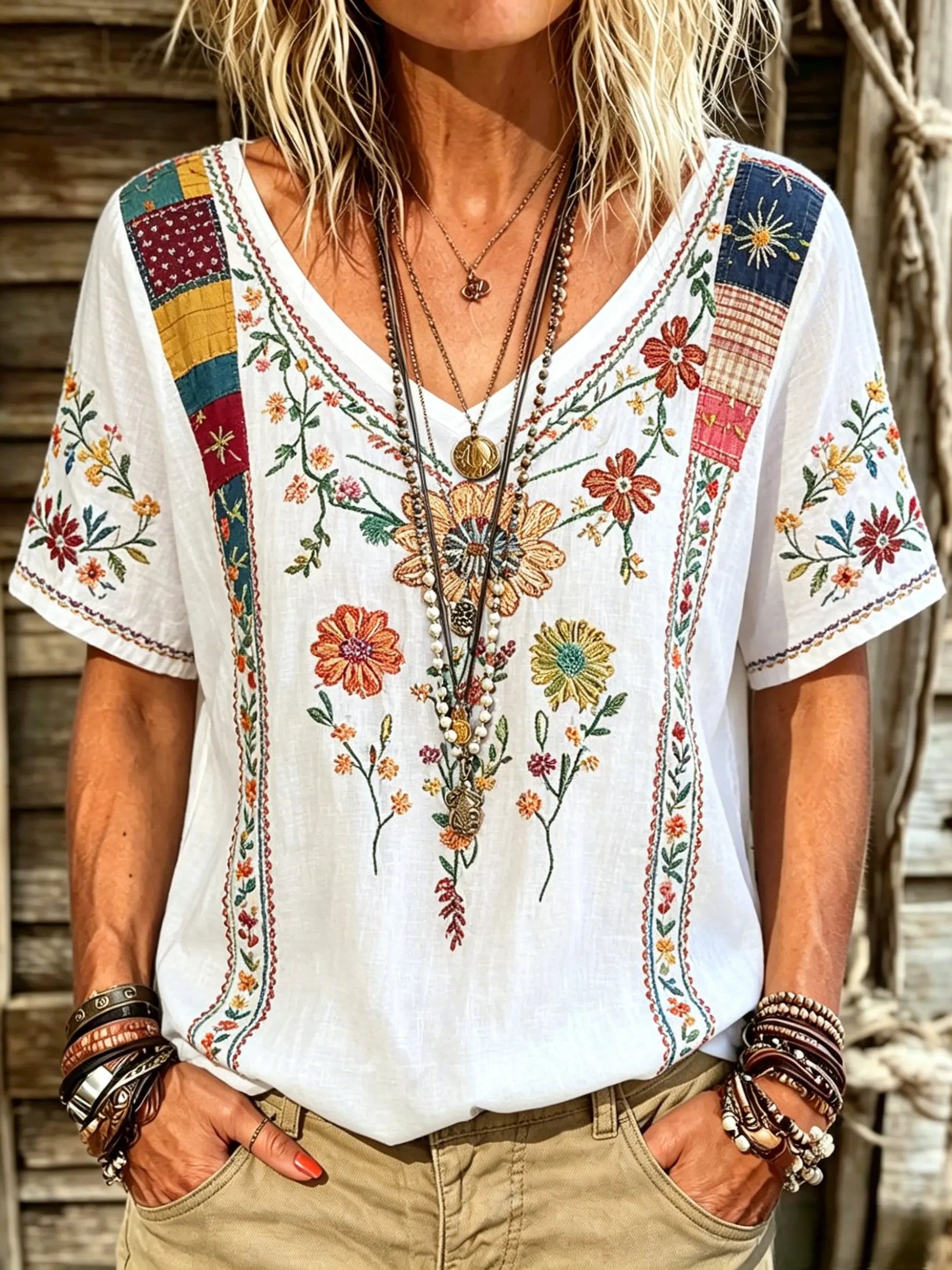 Women's Vintage Floral Print V-Neck Short Sleeve Casual Tee