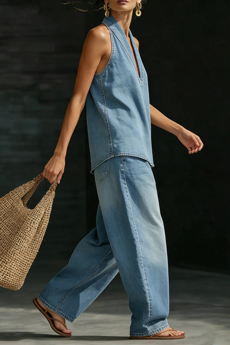 Women's V-neck Top + Tencel Denim Casual Suit
